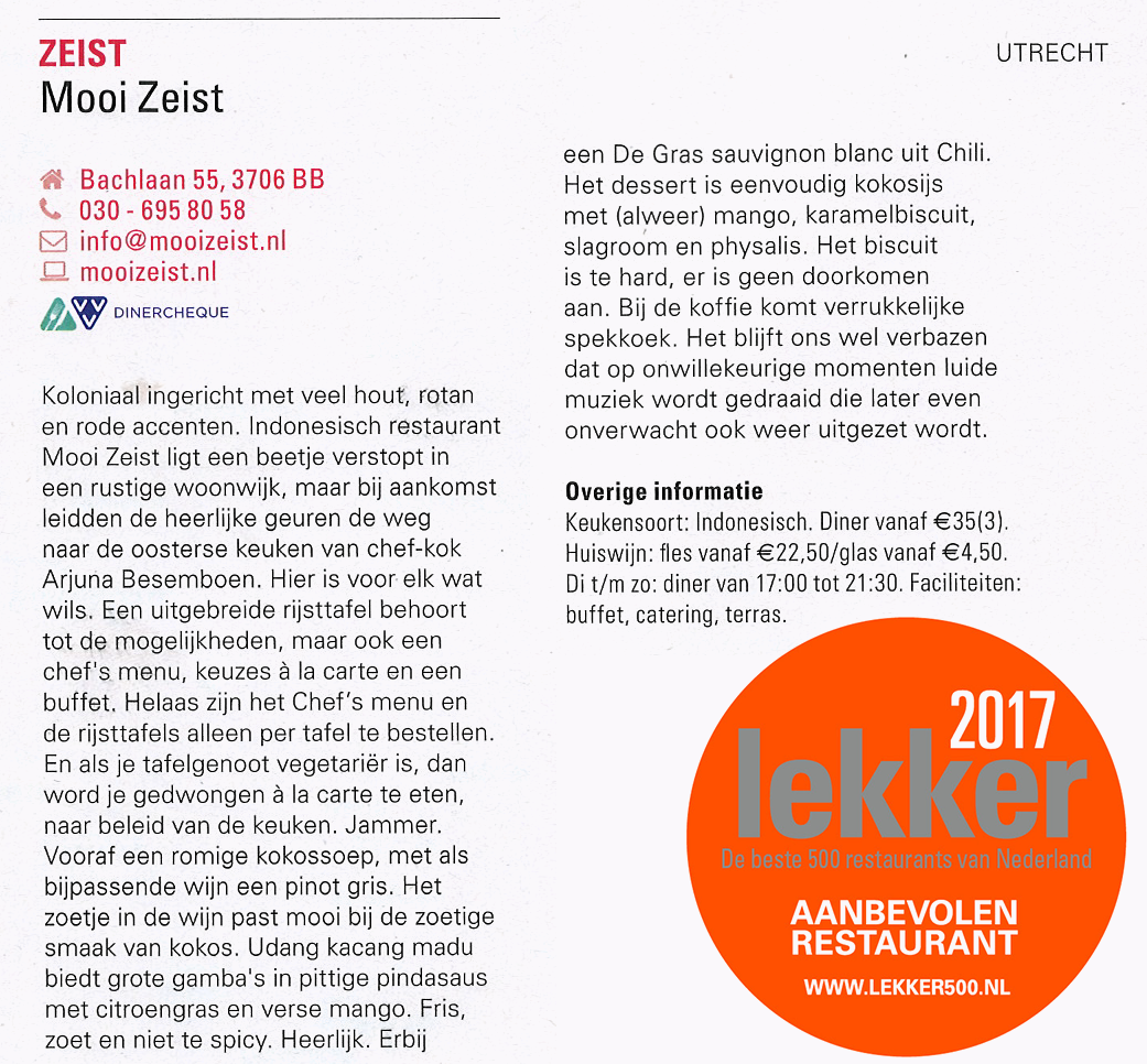 Mooi Zeist behoort tot de top 500 restaurants in Nederland!